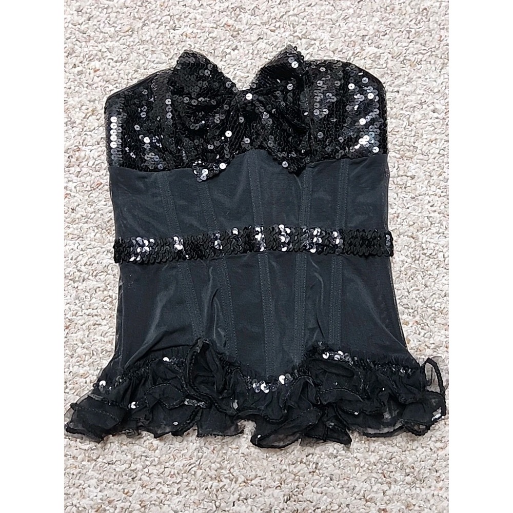 Black Sequin Bow Coquette Corset‎ Bustier Size M Black Tie Event Holiday Sparkle